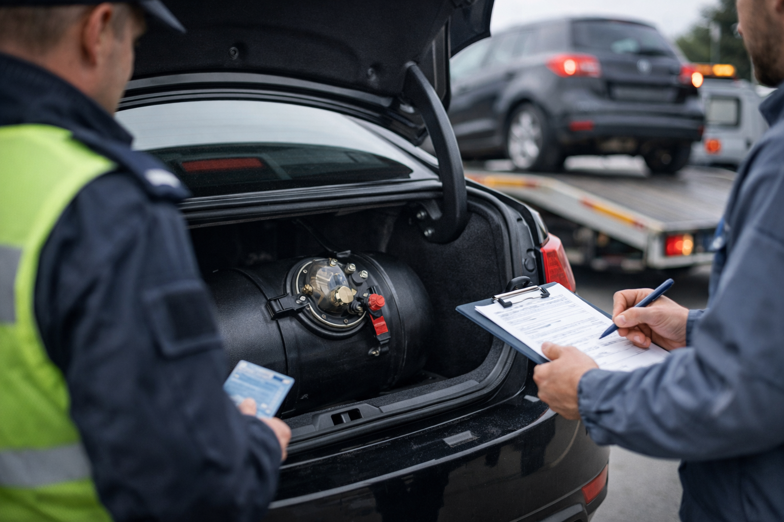 Kontrola samochodu z instalacją LPG i sprawdzanie butli gazowej podczas inspekcji technicznej