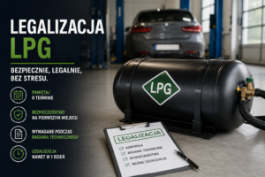 amochód z instalacją LPG oraz butla gazowa podczas legalizacji LPG w serwisie samochodowym.