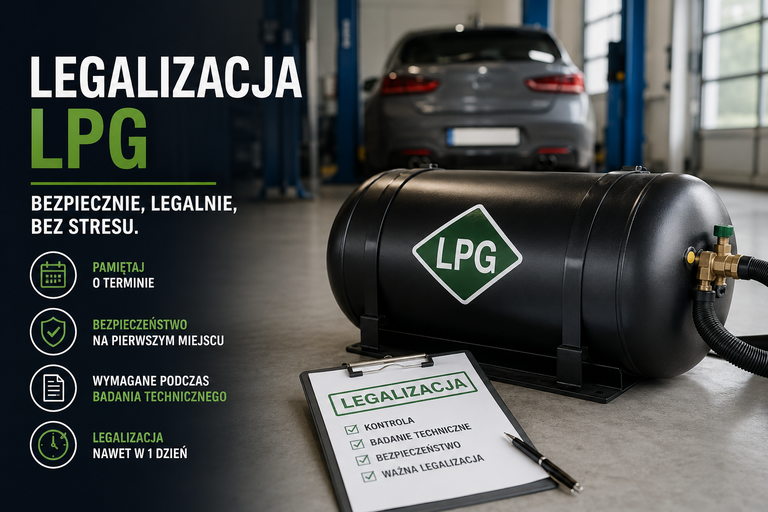 amochód z instalacją LPG oraz butla gazowa podczas legalizacji LPG w serwisie samochodowym.